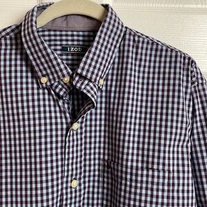 Izod Men's Navy White Gingham Checked Dress Shirt Medium Cotton Poly